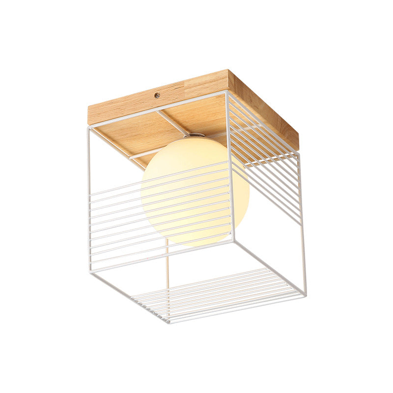 Black/White Cubic Cage Small Ceiling Lamp Nordic 1 Head Iron Flush Light Fixture with Inner Ball Glass Shade and Wood Canopy - Clearhalo - 'Ceiling Lights' - 'Close To Ceiling Lights' - 'Close to ceiling' - 'Flush mount' - Lighting' - 1475102