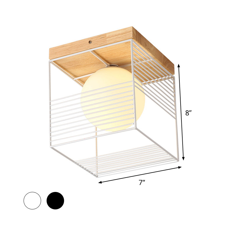 Black/White Cubic Cage Small Ceiling Lamp Nordic 1 Head Iron Flush Light Fixture with Inner Ball Glass Shade and Wood Canopy - Clearhalo - 'Ceiling Lights' - 'Close To Ceiling Lights' - 'Close to ceiling' - 'Flush mount' - Lighting' - 1475103