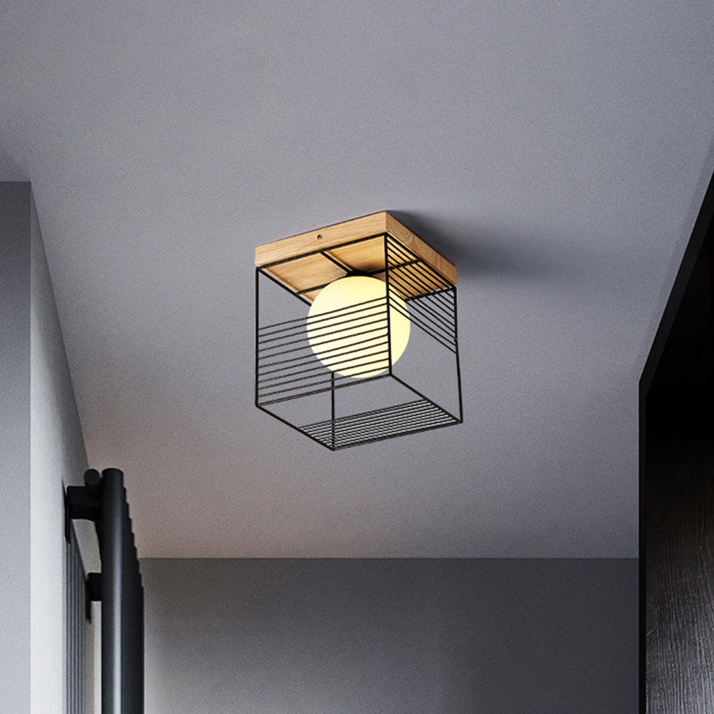 Black/White Cubic Cage Small Ceiling Lamp Nordic 1 Head Iron Flush Light Fixture with Inner Ball Glass Shade and Wood Canopy - Clearhalo - 'Ceiling Lights' - 'Close To Ceiling Lights' - 'Close to ceiling' - 'Flush mount' - Lighting' - 1475104