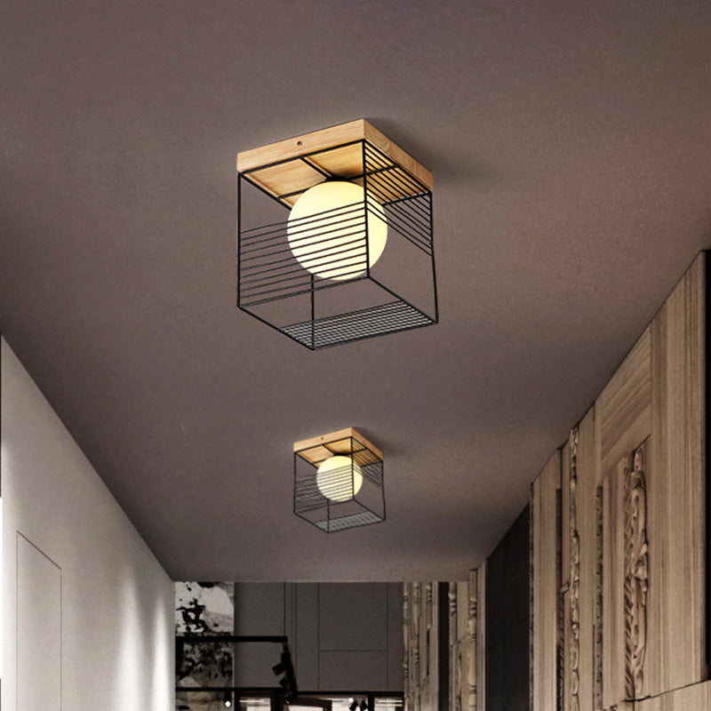 Black/White Cubic Cage Small Ceiling Lamp Nordic 1 Head Iron Flush Light Fixture with Inner Ball Glass Shade and Wood Canopy - Clearhalo - 'Ceiling Lights' - 'Close To Ceiling Lights' - 'Close to ceiling' - 'Flush mount' - Lighting' - 1475106