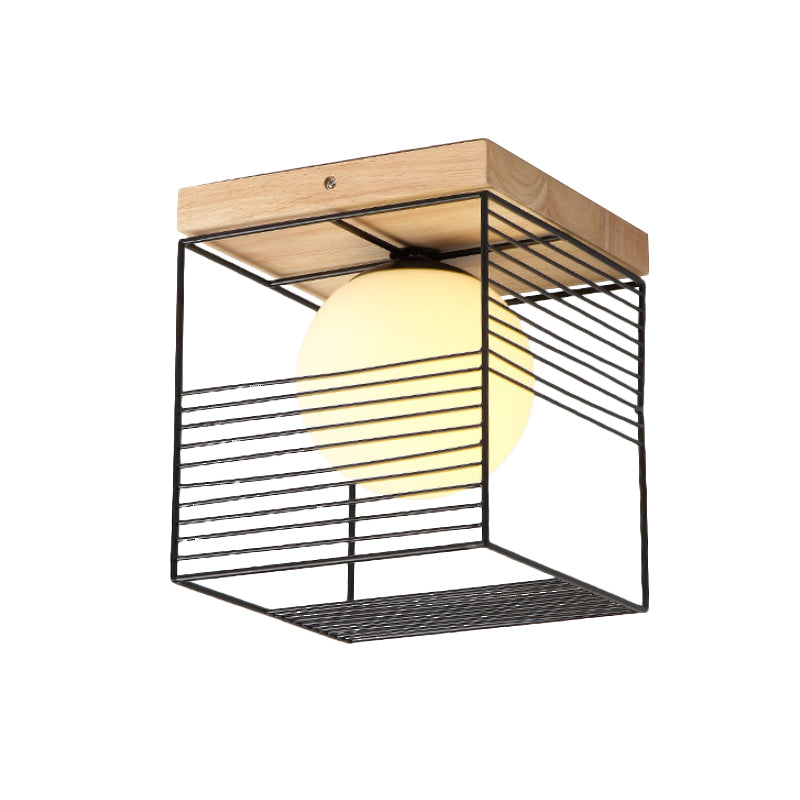 Black/White Cubic Cage Small Ceiling Lamp Nordic 1 Head Iron Flush Light Fixture with Inner Ball Glass Shade and Wood Canopy - Clearhalo - 'Ceiling Lights' - 'Close To Ceiling Lights' - 'Close to ceiling' - 'Flush mount' - Lighting' - 1475107