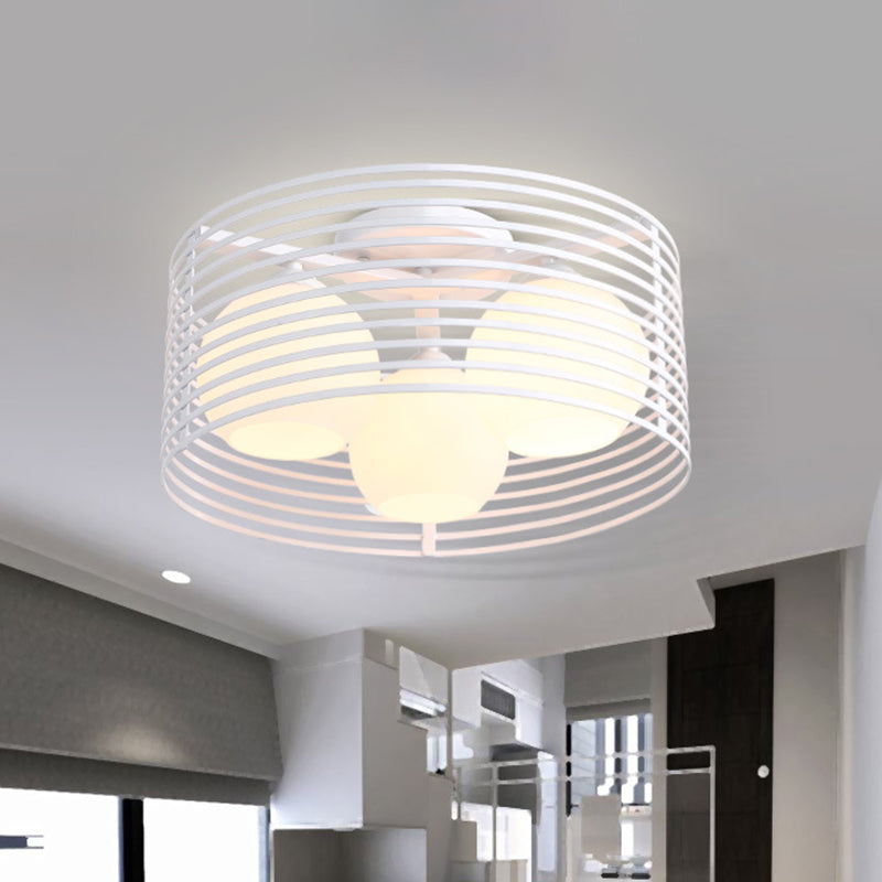 Milk Open Glass Dome Flushmount Contemporary 3 Heads Flush Mount Ceiling Light with Black/White Drum Cage - Clearhalo - 'Ceiling Lights' - 'Close To Ceiling Lights' - 'Close to ceiling' - 'Flush mount' - Lighting' - 1475114