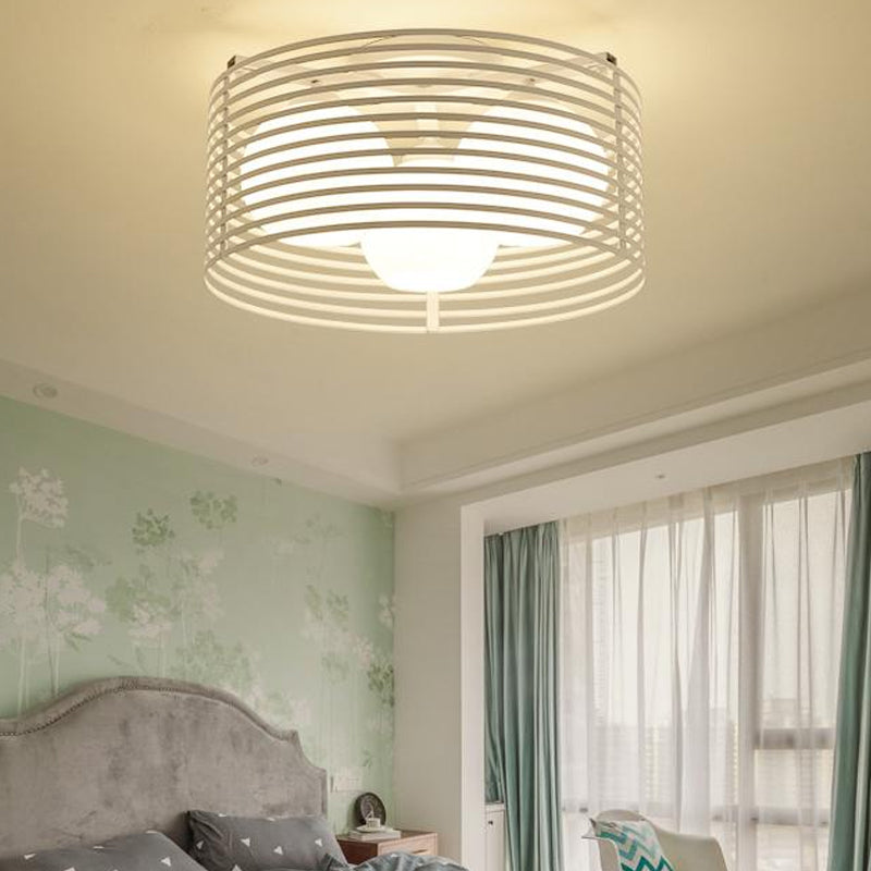 Milk Open Glass Dome Flushmount Contemporary 3 Heads Flush Mount Ceiling Light with Black/White Drum Cage - White - Clearhalo - 'Ceiling Lights' - 'Close To Ceiling Lights' - 'Close to ceiling' - 'Flush mount' - Lighting' - 1475115