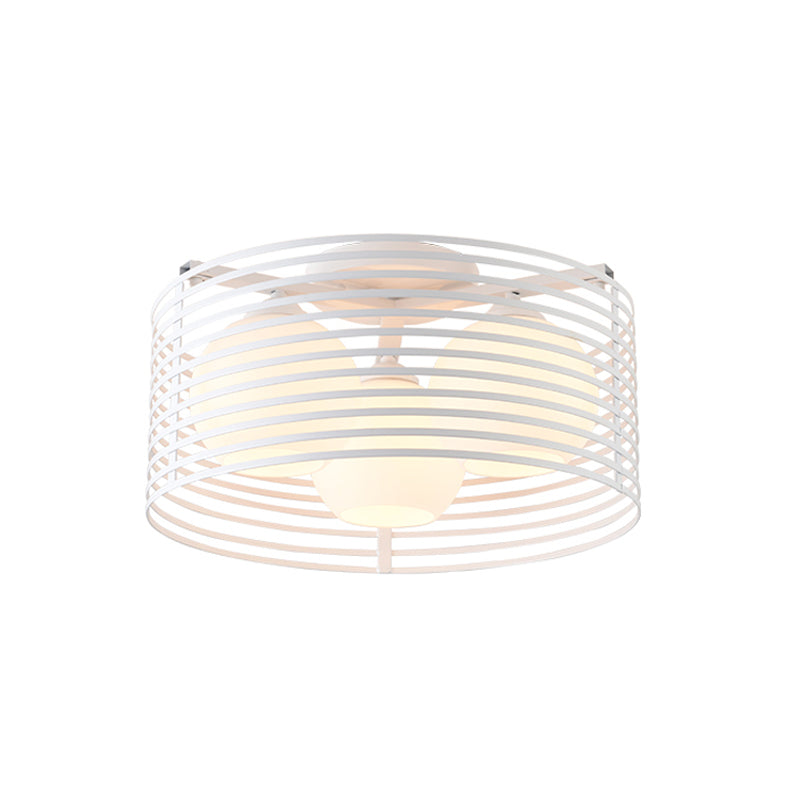 Milk Open Glass Dome Flushmount Contemporary 3 Heads Flush Mount Ceiling Light with Black/White Drum Cage - Clearhalo - 'Ceiling Lights' - 'Close To Ceiling Lights' - 'Close to ceiling' - 'Flush mount' - Lighting' - 1475117