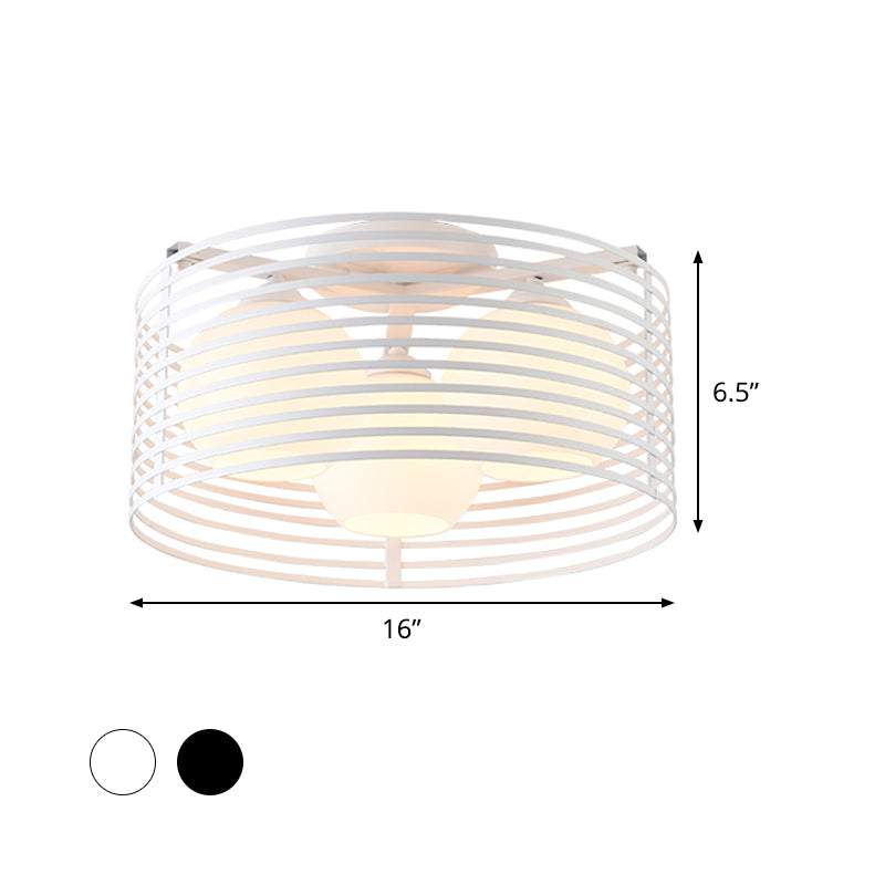 Milk Open Glass Dome Flushmount Contemporary 3 Heads Flush Mount Ceiling Light with Black/White Drum Cage - Clearhalo - 'Ceiling Lights' - 'Close To Ceiling Lights' - 'Close to ceiling' - 'Flush mount' - Lighting' - 1475118