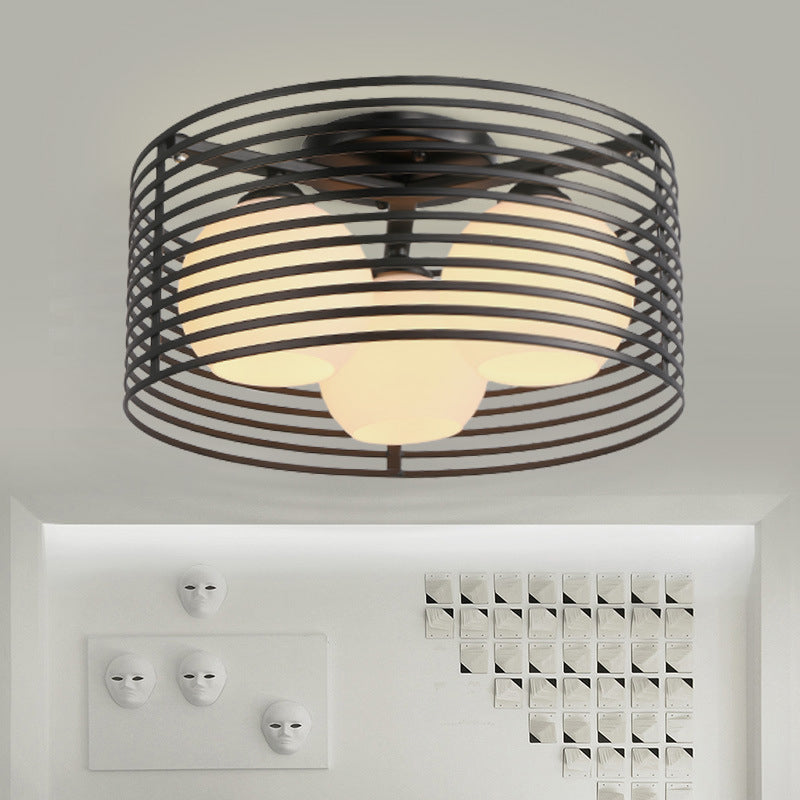 Milk Open Glass Dome Flushmount Contemporary 3 Heads Flush Mount Ceiling Light with Black/White Drum Cage - Clearhalo - 'Ceiling Lights' - 'Close To Ceiling Lights' - 'Close to ceiling' - 'Flush mount' - Lighting' - 1475119