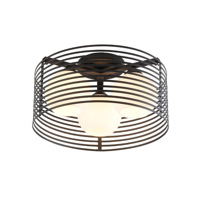 Milk Open Glass Dome Flushmount Contemporary 3 Heads Flush Mount Ceiling Light with Black/White Drum Cage - Clearhalo - 'Ceiling Lights' - 'Close To Ceiling Lights' - 'Close to ceiling' - 'Flush mount' - Lighting' - 1475122