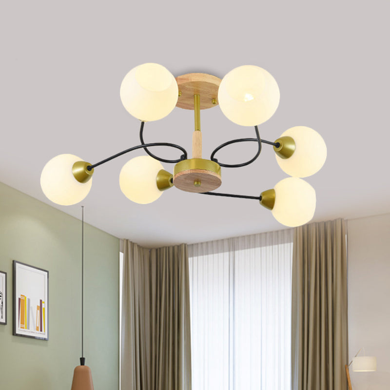 Ball Frosted White Glass Ceiling Lamp Modernism 6 Lights Gold Semi Flush Mount Chandelier with Winding Arm - Gold - Clearhalo - 'Ceiling Lights' - 'Close To Ceiling Lights' - 'Close to ceiling' - 'Glass shade' - 'Glass' - 'Semi-flushmount' - Lighting' - 1475123