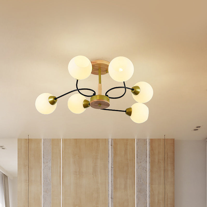 Ball Frosted White Glass Ceiling Lamp Modernism 6 Lights Gold Semi Flush Mount Chandelier with Winding Arm - Clearhalo - 'Ceiling Lights' - 'Close To Ceiling Lights' - 'Close to ceiling' - 'Glass shade' - 'Glass' - 'Semi-flushmount' - Lighting' - 1475124