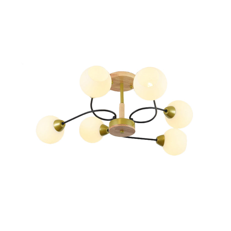 Ball Frosted White Glass Ceiling Lamp Modernism 6 Lights Gold Semi Flush Mount Chandelier with Winding Arm - Clearhalo - 'Ceiling Lights' - 'Close To Ceiling Lights' - 'Close to ceiling' - 'Glass shade' - 'Glass' - 'Semi-flushmount' - Lighting' - 1475125