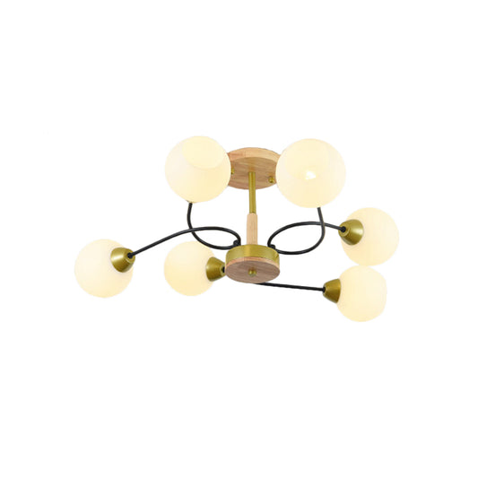 Ball Frosted White Glass Ceiling Lamp Modernism 6 Lights Gold Semi Flush Mount Chandelier with Winding Arm Clearhalo 'Ceiling Lights' 'Close To Ceiling Lights' 'Close to ceiling' 'Glass shade' 'Glass' 'Semi-flushmount' Lighting' 1475125