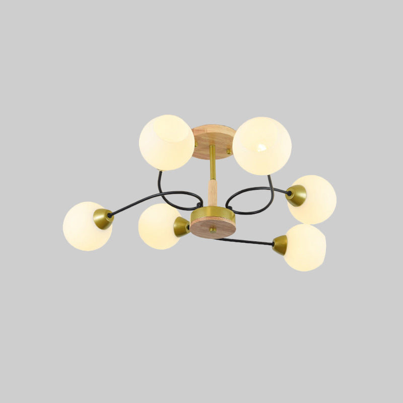 Ball Frosted White Glass Ceiling Lamp Modernism 6 Lights Gold Semi Flush Mount Chandelier with Winding Arm - Clearhalo - 'Ceiling Lights' - 'Close To Ceiling Lights' - 'Close to ceiling' - 'Glass shade' - 'Glass' - 'Semi-flushmount' - Lighting' - 1475126