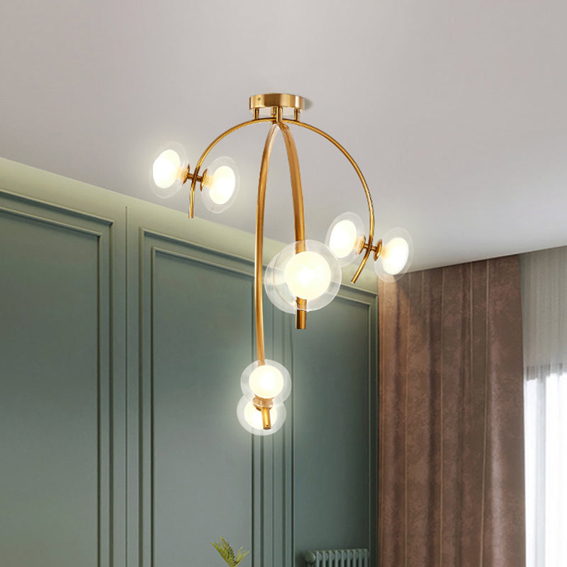 Vintage Dual Orb Shade Semi Flush Transparent Glass 6 Bulbs Dining Table Flush Mount Chandelier with Gold Sprig Design Gold Clearhalo 'Ceiling Lights' 'Close To Ceiling Lights' 'Close to ceiling' 'Glass shade' 'Glass' 'Semi-flushmount' Lighting' 1475128