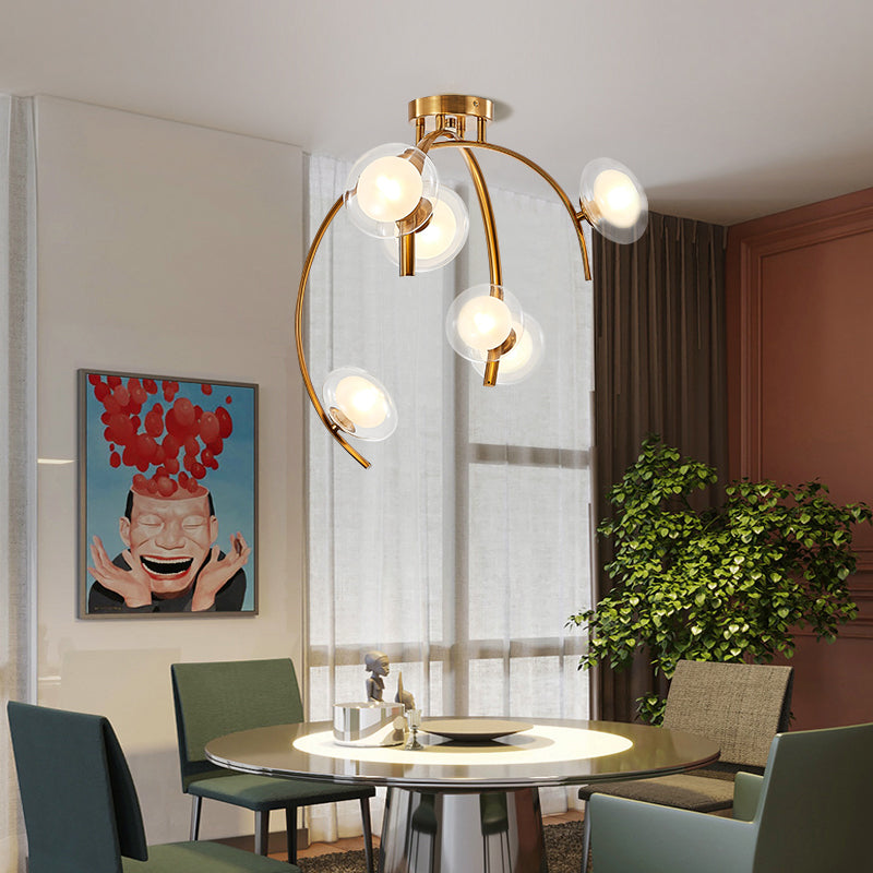 Vintage Dual Orb Shade Semi Flush Transparent Glass 6 Bulbs Dining Table Flush Mount Chandelier with Gold Sprig Design Clearhalo 'Ceiling Lights' 'Close To Ceiling Lights' 'Close to ceiling' 'Glass shade' 'Glass' 'Semi-flushmount' Lighting' 1475129