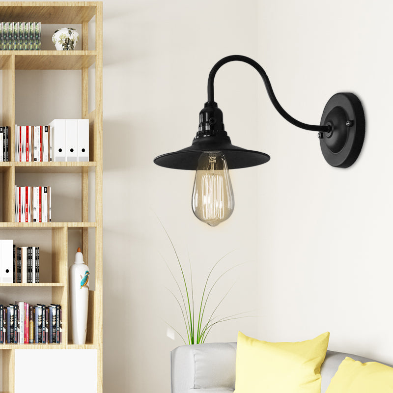 Black Flat Shade Wall Lighting Industrial Style Metallic 1 Head Living Room Wall Light Sconce, 7"/8.5" Width Black Clearhalo 'Art deco wall lights' 'Cast Iron' 'Glass' 'Industrial wall lights' 'Industrial' 'Middle century wall lights' 'Modern' 'Rustic wall lights' 'Tiffany' 'Traditional wall lights' 'Wall Lamps & Sconces' 'Wall Lights' Lighting' 147513