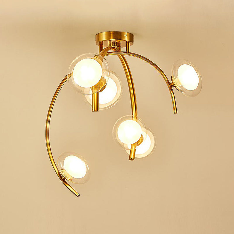Vintage Dual Orb Shade Semi Flush Transparent Glass 6 Bulbs Dining Table Flush Mount Chandelier with Gold Sprig Design Clearhalo 'Ceiling Lights' 'Close To Ceiling Lights' 'Close to ceiling' 'Glass shade' 'Glass' 'Semi-flushmount' Lighting' 1475131