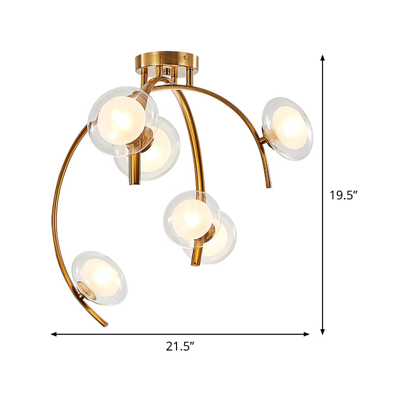 Vintage Dual Orb Shade Semi Flush Transparent Glass 6 Bulbs Dining Table Flush Mount Chandelier with Gold Sprig Design Clearhalo 'Ceiling Lights' 'Close To Ceiling Lights' 'Close to ceiling' 'Glass shade' 'Glass' 'Semi-flushmount' Lighting' 1475132