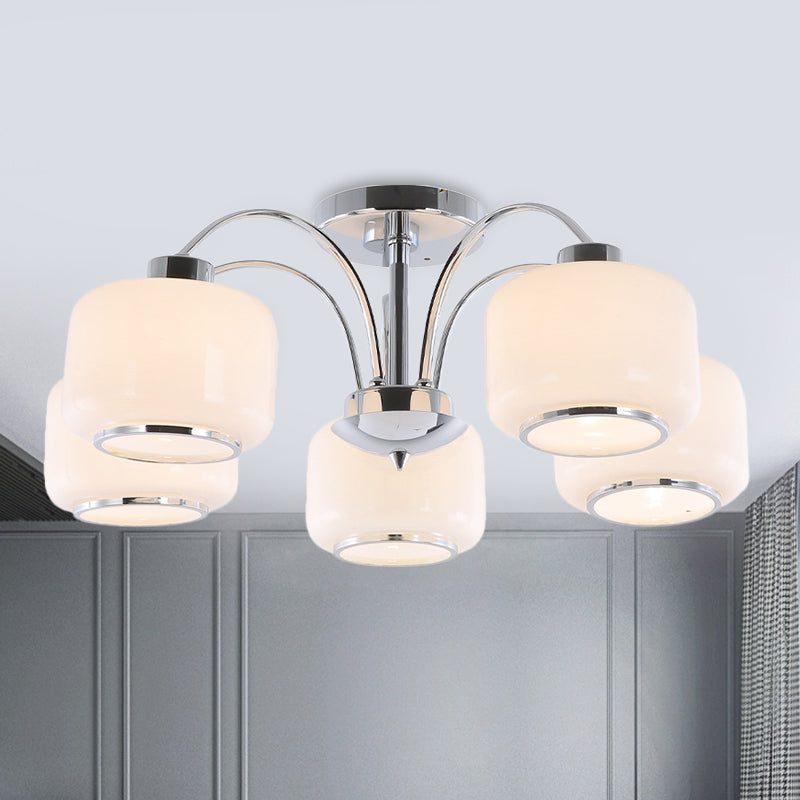 Chrome Arched Semi Flush Light Modern Style 5 Heads Metal Ceiling Mounted Lamp with Drum Opal Glass Shade - Chrome - Clearhalo - 'Ceiling Lights' - 'Close To Ceiling Lights' - 'Close to ceiling' - 'Glass shade' - 'Glass' - 'Semi-flushmount' - Lighting' - 1475133