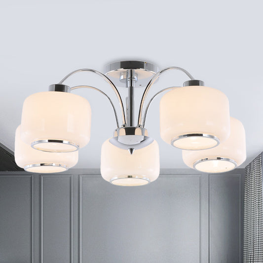 Chrome Arched Semi Flush Light Modern Style 5 Heads Metal Ceiling Mounted Lamp with Drum Opal Glass Shade Chrome Clearhalo 'Ceiling Lights' 'Close To Ceiling Lights' 'Close to ceiling' 'Glass shade' 'Glass' 'Semi-flushmount' Lighting' 1475133