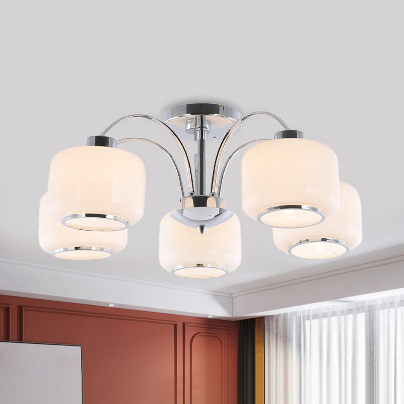 Chrome Arched Semi Flush Light Modern Style 5 Heads Metal Ceiling Mounted Lamp with Drum Opal Glass Shade Clearhalo 'Ceiling Lights' 'Close To Ceiling Lights' 'Close to ceiling' 'Glass shade' 'Glass' 'Semi-flushmount' Lighting' 1475134