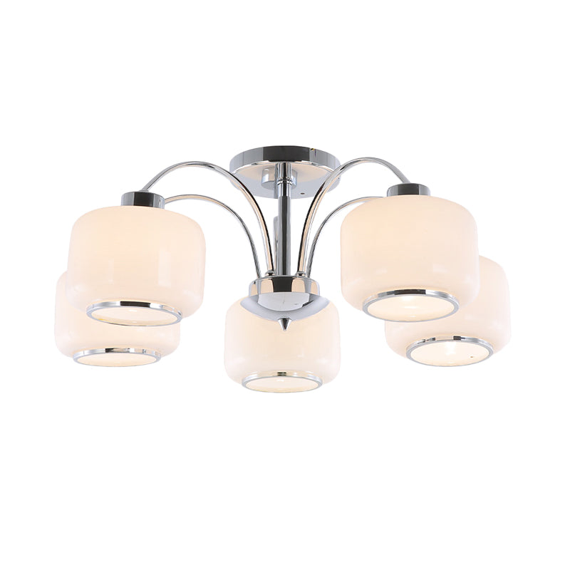 Chrome Arched Semi Flush Light Modern Style 5 Heads Metal Ceiling Mounted Lamp with Drum Opal Glass Shade Clearhalo 'Ceiling Lights' 'Close To Ceiling Lights' 'Close to ceiling' 'Glass shade' 'Glass' 'Semi-flushmount' Lighting' 1475135