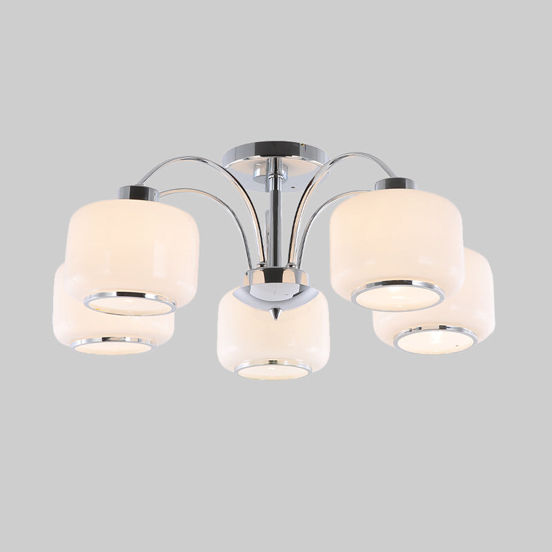 Chrome Arched Semi Flush Light Modern Style 5 Heads Metal Ceiling Mounted Lamp with Drum Opal Glass Shade Clearhalo 'Ceiling Lights' 'Close To Ceiling Lights' 'Close to ceiling' 'Glass shade' 'Glass' 'Semi-flushmount' Lighting' 1475136