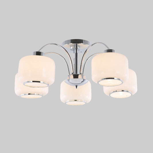Chrome Arched Semi Flush Light Modern Style 5 Heads Metal Ceiling Mounted Lamp with Drum Opal Glass Shade Clearhalo 'Ceiling Lights' 'Close To Ceiling Lights' 'Close to ceiling' 'Glass shade' 'Glass' 'Semi-flushmount' Lighting' 1475136