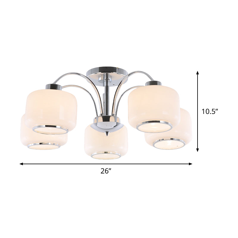 Chrome Arched Semi Flush Light Modern Style 5 Heads Metal Ceiling Mounted Lamp with Drum Opal Glass Shade Clearhalo 'Ceiling Lights' 'Close To Ceiling Lights' 'Close to ceiling' 'Glass shade' 'Glass' 'Semi-flushmount' Lighting' 1475137