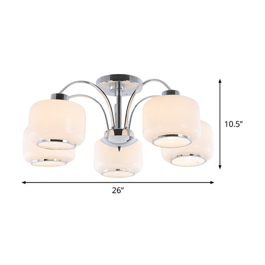 Chrome Arched Semi Flush Light Modern Style 5 Heads Metal Ceiling Mounted Lamp with Drum Opal Glass Shade Clearhalo 'Ceiling Lights' 'Close To Ceiling Lights' 'Close to ceiling' 'Glass shade' 'Glass' 'Semi-flushmount' Lighting' 1475137