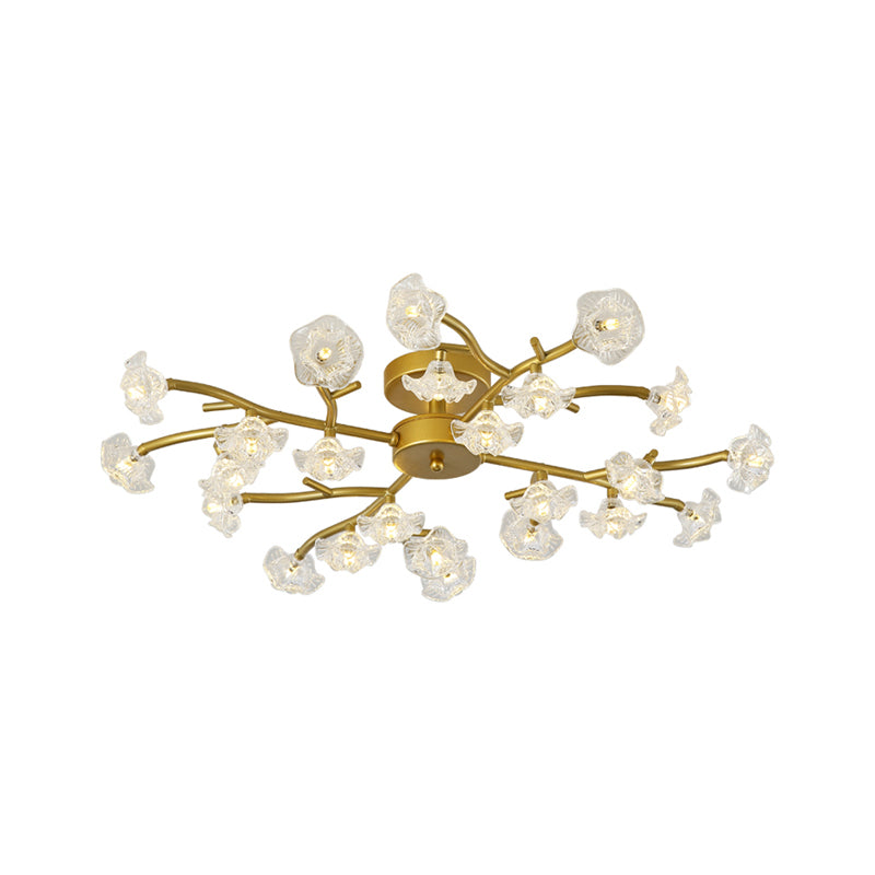 Black/Gold Flower Branch Flush Chandelier Modernist 24-Bulb Transparent Glass Semi Flush Mount Ceiling Light - Clearhalo - 'Ceiling Lights' - 'Close To Ceiling Lights' - 'Close to ceiling' - 'Glass shade' - 'Glass' - 'Semi-flushmount' - Lighting' - 1475151