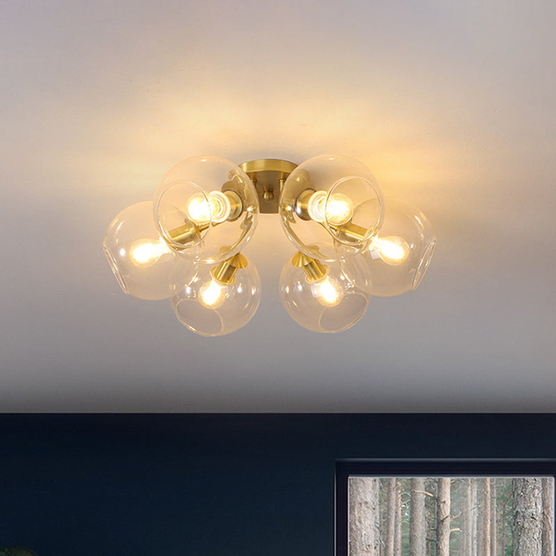Vintage Bubble Clear Glass Ceiling Light 6 Heads Semi Flush Mount Chandelier in Brass for Parlor Clearhalo 'Ceiling Lights' 'Close To Ceiling Lights' 'Close to ceiling' 'Glass shade' 'Glass' 'Pendant Lights' 'Semi-flushmount' Lighting' 1475159
