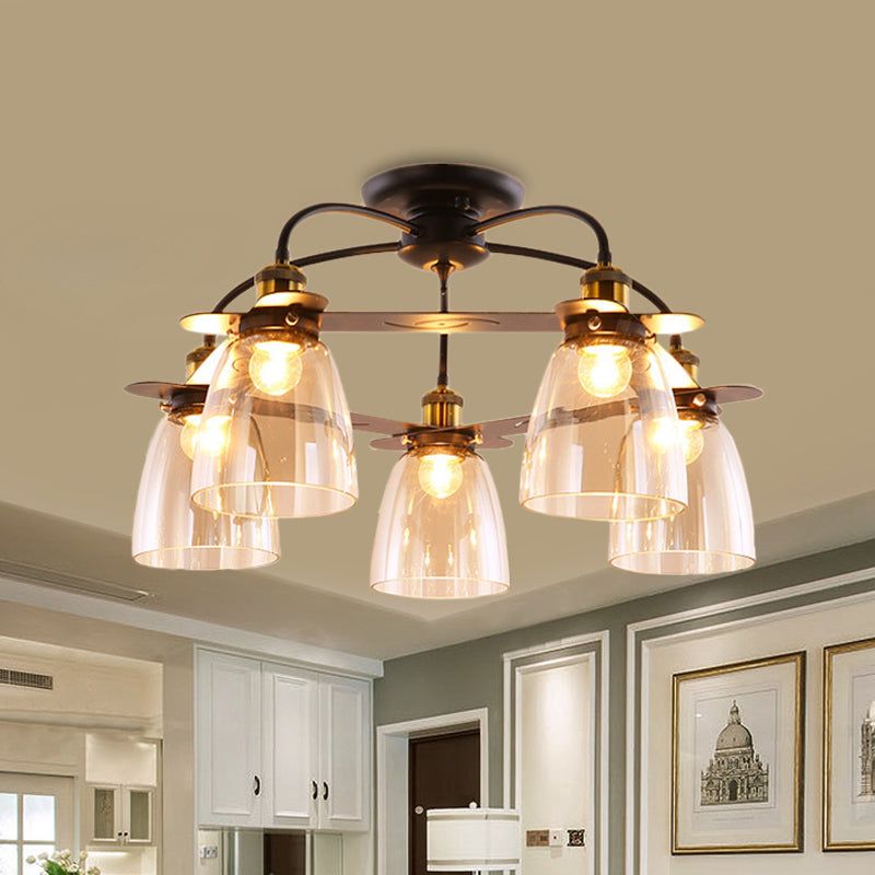 Dome Shade Restaurant Semi Flush Cognac Glass 5 Bulbs Mid Century Style Ceiling Mount Chandelier in Black Black Clearhalo 'Ceiling Lights' 'Close To Ceiling Lights' 'Close to ceiling' 'Glass shade' 'Glass' 'Pendant Lights' 'Semi-flushmount' Lighting' 1475162