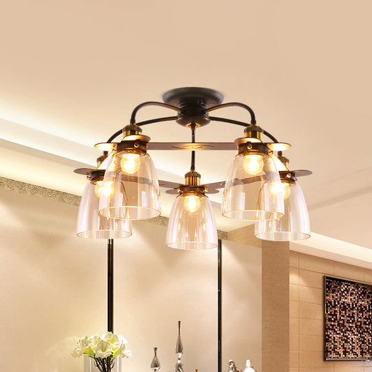 Dome Shade Restaurant Semi Flush Cognac Glass 5 Bulbs Mid Century Style Ceiling Mount Chandelier in Black Clearhalo 'Ceiling Lights' 'Close To Ceiling Lights' 'Close to ceiling' 'Glass shade' 'Glass' 'Pendant Lights' 'Semi-flushmount' Lighting' 1475163
