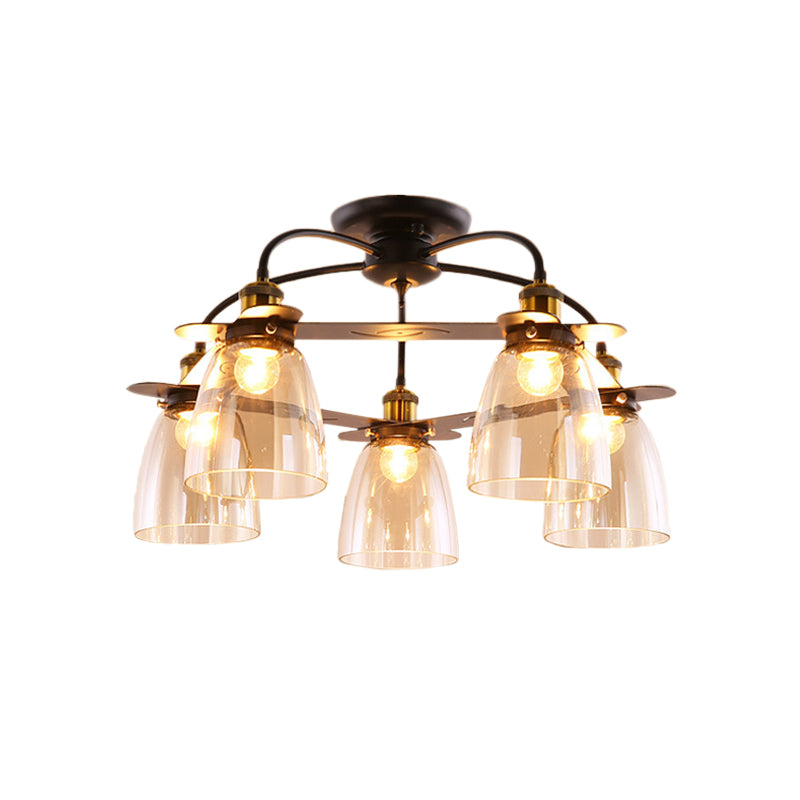 Dome Shade Restaurant Semi Flush Cognac Glass 5 Bulbs Mid Century Style Ceiling Mount Chandelier in Black Clearhalo 'Ceiling Lights' 'Close To Ceiling Lights' 'Close to ceiling' 'Glass shade' 'Glass' 'Pendant Lights' 'Semi-flushmount' Lighting' 1475164