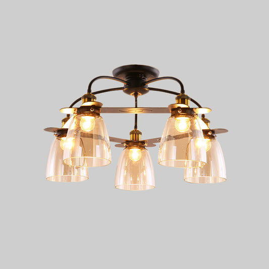 Dome Shade Restaurant Semi Flush Cognac Glass 5 Bulbs Mid Century Style Ceiling Mount Chandelier in Black Clearhalo 'Ceiling Lights' 'Close To Ceiling Lights' 'Close to ceiling' 'Glass shade' 'Glass' 'Pendant Lights' 'Semi-flushmount' Lighting' 1475165