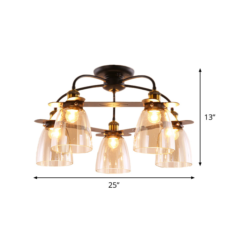 Dome Shade Restaurant Semi Flush Cognac Glass 5 Bulbs Mid Century Style Ceiling Mount Chandelier in Black Clearhalo 'Ceiling Lights' 'Close To Ceiling Lights' 'Close to ceiling' 'Glass shade' 'Glass' 'Pendant Lights' 'Semi-flushmount' Lighting' 1475166