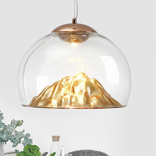 Clear Glass Hemisphere LED Pendant Lamp Contemporary Gold Hanging Light with Lava Designed Bottom, Warm/White Light Gold Clearhalo 'Ceiling Lights' 'Glass shade' 'Glass' 'Modern Pendants' 'Modern' 'Pendant Lights' 'Pendants' Lighting' 1475177