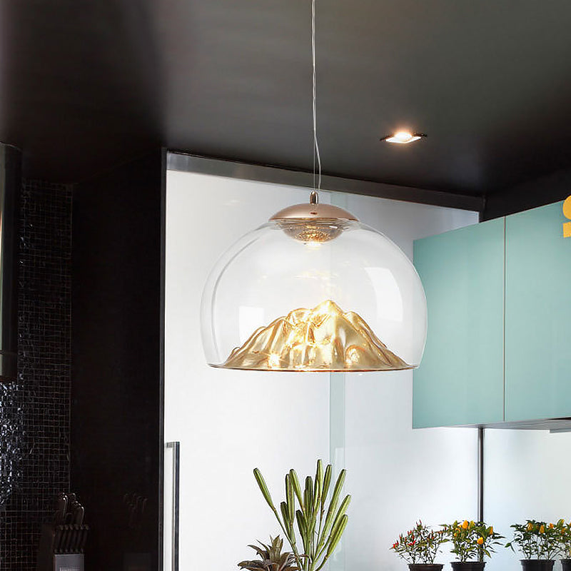 Clear Glass Hemisphere LED Pendant Lamp Contemporary Gold Hanging Light with Lava Designed Bottom, Warm/White Light Clearhalo 'Ceiling Lights' 'Glass shade' 'Glass' 'Modern Pendants' 'Modern' 'Pendant Lights' 'Pendants' Lighting' 1475178