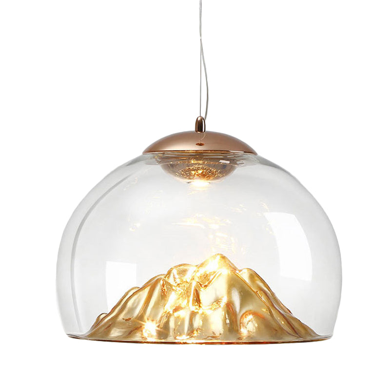 Clear Glass Hemisphere LED Pendant Lamp Contemporary Gold Hanging Light with Lava Designed Bottom, Warm/White Light Clearhalo 'Ceiling Lights' 'Glass shade' 'Glass' 'Modern Pendants' 'Modern' 'Pendant Lights' 'Pendants' Lighting' 1475179