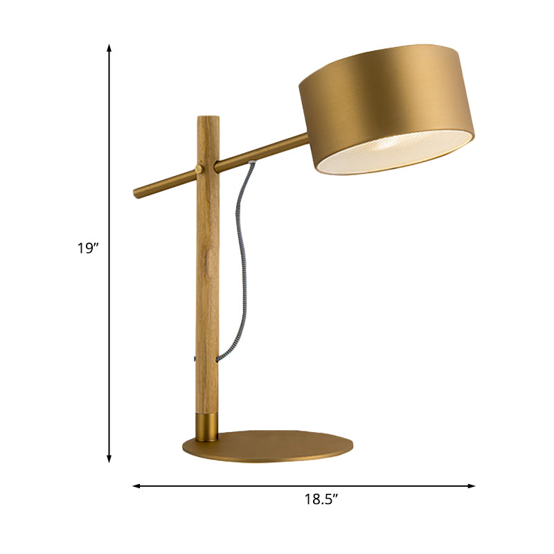 1 Light Drum Shade Wood Table Lamp Colonialism Gold Aluminum Night Light with Base for Bedside Clearhalo 'Lamps' 'Table Lamps' Lighting' 1475232