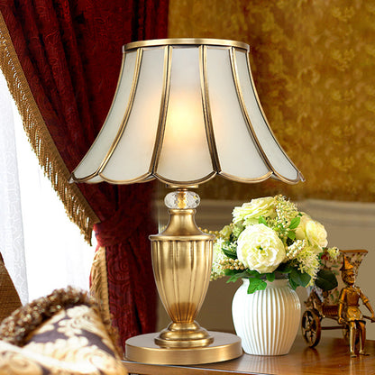 Minimalist Scalloped Night Lighting 1 Head Frosted Glass Nightstand Light in Gold with Metal Font/Clear Crystal Deco Gold A Clearhalo 'Lamps' 'Table Lamps' Lighting' 1475313