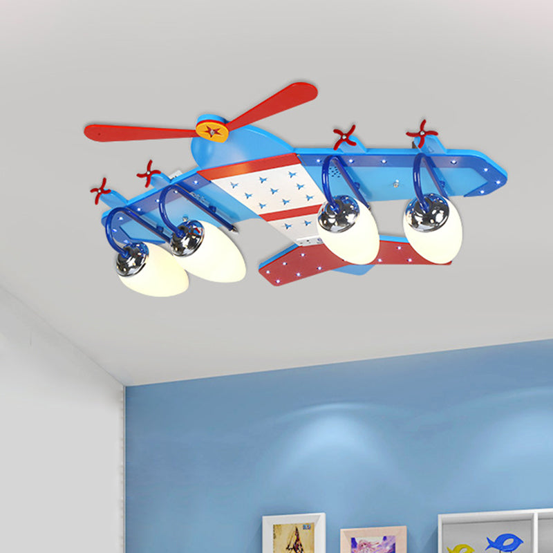 Ivory Glass Plane Flushmount Lighting Kids 3/4 Heads Blue Flush Mount Ceiling Light Fixture for Boys Bedroom - 4 - Blue - Clearhalo - 'Ceiling Lights' - 'Close To Ceiling Lights' - 'Close to ceiling' - 'Flush mount' - Lighting' - 1475346