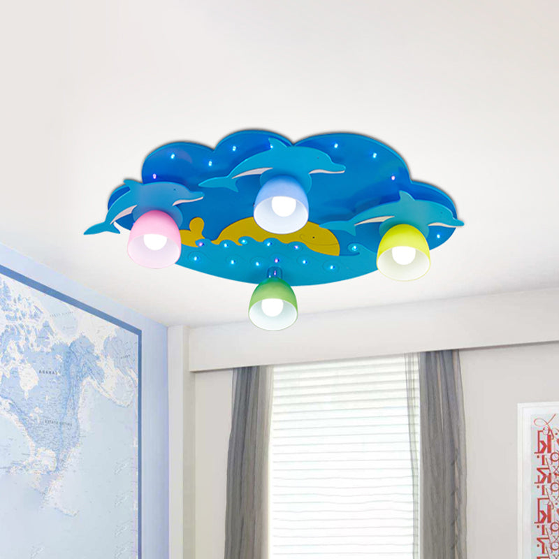 Blue Dolphin Flushmount Ceiling Lamp Kids 4 Bulbs Multicolored Glass Flush Mount Recessed Lighting