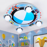 Circular Flush Mount Ceiling Fixture Kids White Glass 4-Head Blue Flushmount Lighting with Racing Vehicle - Blue - Clearhalo - 'Ceiling Lights' - 'Close To Ceiling Lights' - 'Close to ceiling' - 'Flush mount' - Lighting' - 1475364
