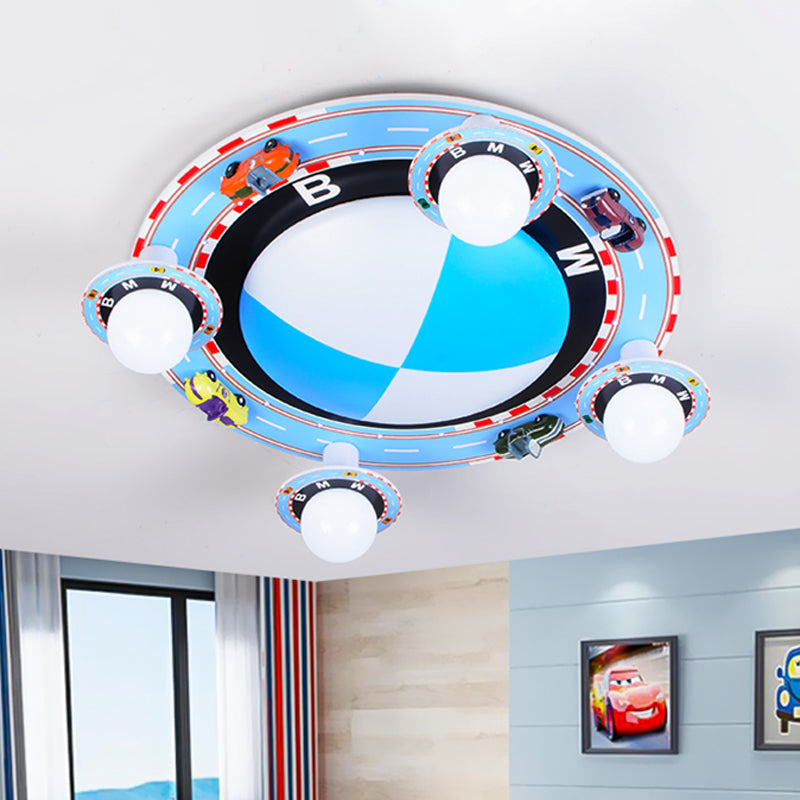 Circular Flush Mount Ceiling Fixture Kids White Glass 4-Head Blue Flushmount Lighting with Racing Vehicle - Clearhalo - 'Ceiling Lights' - 'Close To Ceiling Lights' - 'Close to ceiling' - 'Flush mount' - Lighting' - 1475365