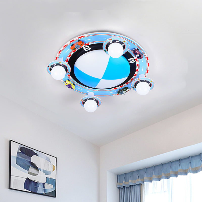Circular Flush Mount Ceiling Fixture Kids White Glass 4-Head Blue Flushmount Lighting with Racing Vehicle - Clearhalo - 'Ceiling Lights' - 'Close To Ceiling Lights' - 'Close to ceiling' - 'Flush mount' - Lighting' - 1475366