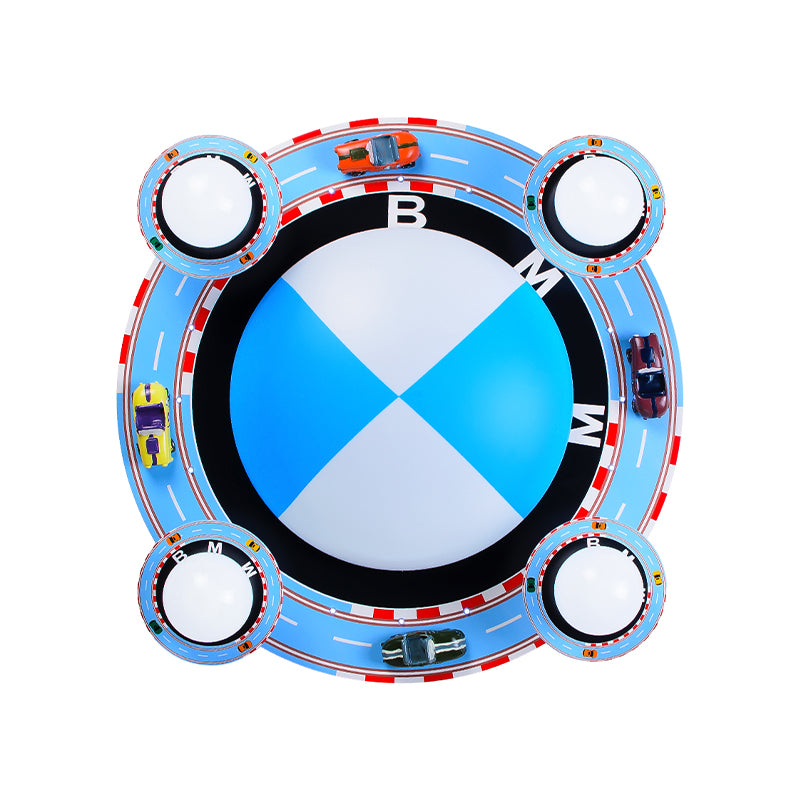 Circular Flush Mount Ceiling Fixture Kids White Glass 4-Head Blue Flushmount Lighting with Racing Vehicle - Clearhalo - 'Ceiling Lights' - 'Close To Ceiling Lights' - 'Close to ceiling' - 'Flush mount' - Lighting' - 1475367