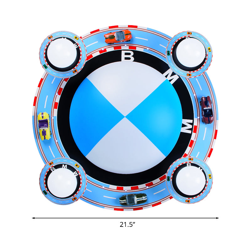 Circular Flush Mount Ceiling Fixture Kids White Glass 4-Head Blue Flushmount Lighting with Racing Vehicle - Clearhalo - 'Ceiling Lights' - 'Close To Ceiling Lights' - 'Close to ceiling' - 'Flush mount' - Lighting' - 1475368