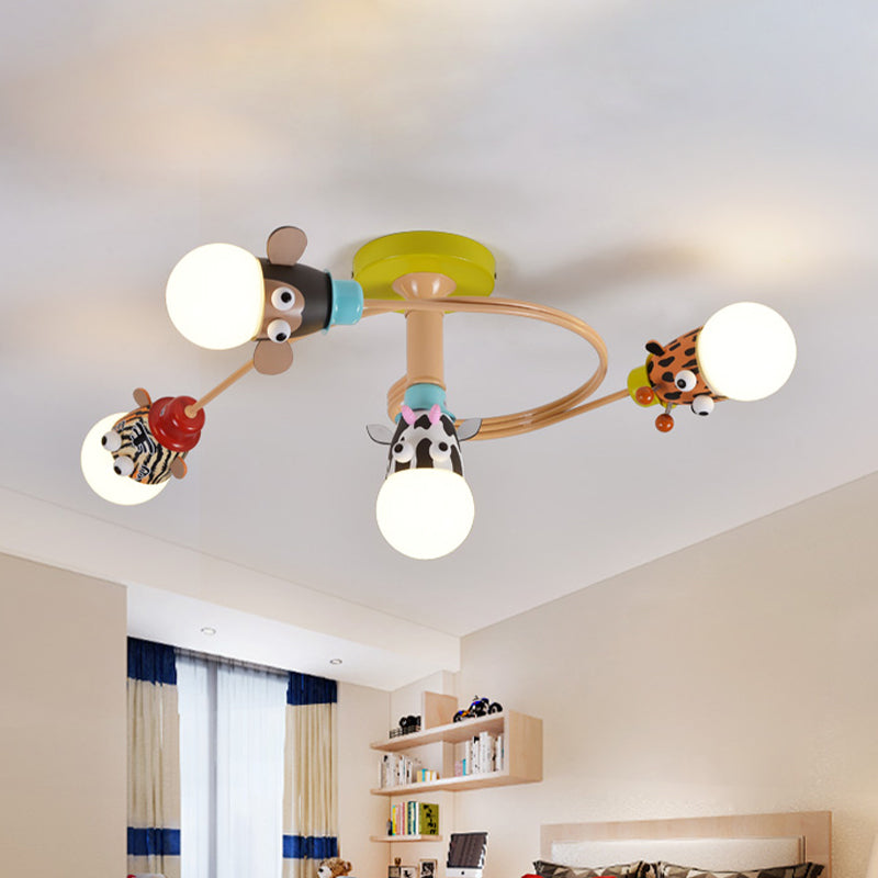 Kids Animal Head Flushmount Frosted Glass 4/5 Bulbs Nursery Flush Ceiling Light with Spiral Design in Yellow Clearhalo 'Ceiling Lights' 'Close To Ceiling Lights' 'Close to ceiling' 'Glass shade' 'Glass' 'Semi-flushmount' Lighting' 1475482