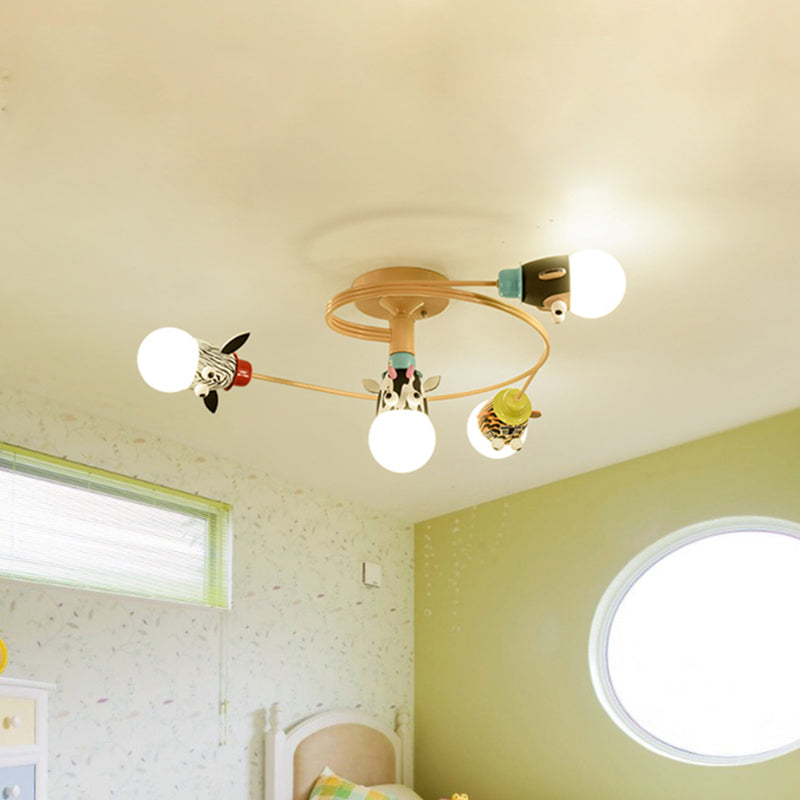 Kids Animal Head Flushmount Frosted Glass 4/5 Bulbs Nursery Flush Ceiling Light with Spiral Design in Yellow Clearhalo 'Ceiling Lights' 'Close To Ceiling Lights' 'Close to ceiling' 'Glass shade' 'Glass' 'Semi-flushmount' Lighting' 1475483